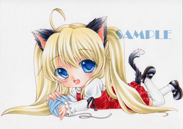 animal_ears, ball, ball_of_yarn, blonde_hair, blue_eyes, cat_ears, cat_tail, dress