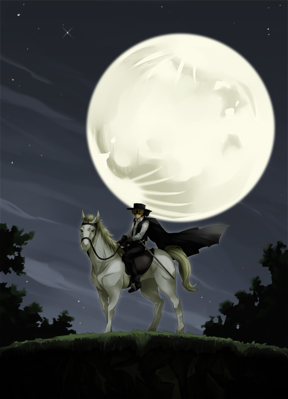 cape, clouds, gloves, hat, horse, kaiketsu_zorro, light_brown_hair, mask