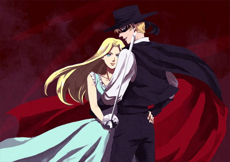 blonde_hair, blue_eyes, cape, frilled_dress, gloves, hat, kaiketsu_zorro, light_brown_hair