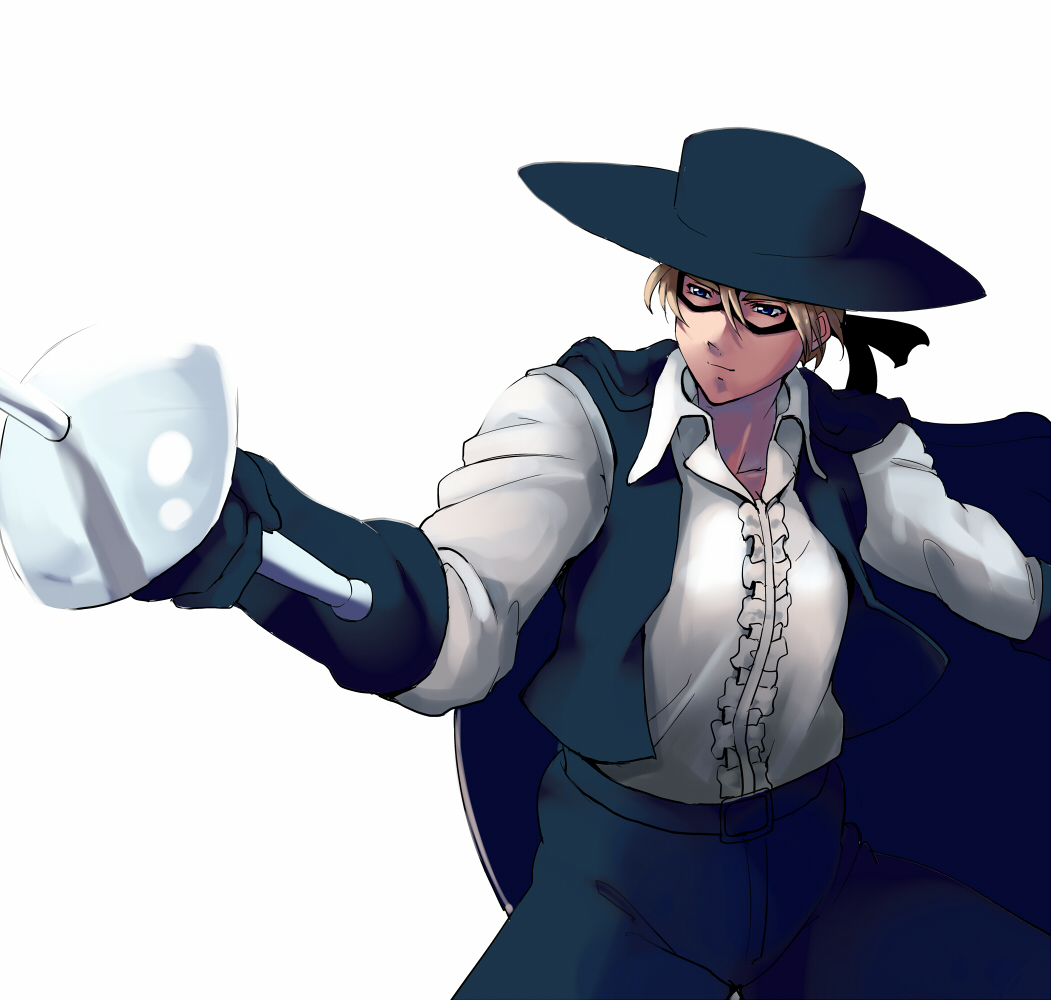 blue_eyes, cape, frilled_shirt, gloves, hat, kaiketsu_zorro, light_brown_hair, mask