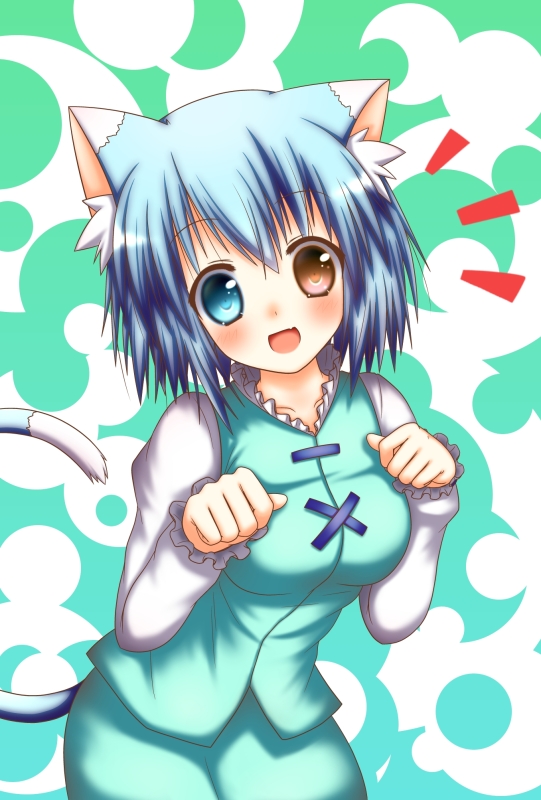 1girl, animal_ears, aqua_eyes, aqua_hair, breasts, cat_ears, cat_tail, head_tilt