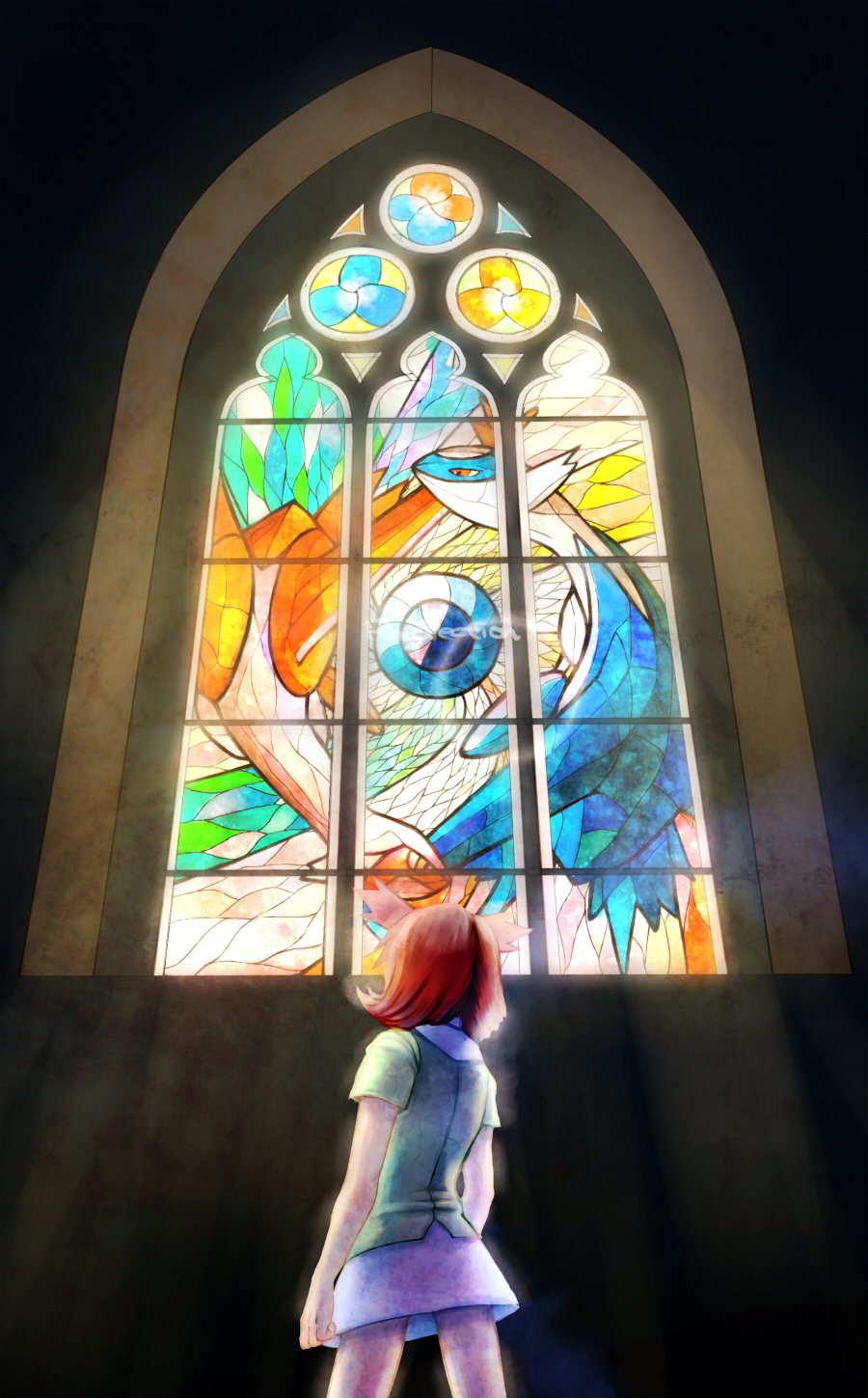 1girl, kanon_(pokemon), latias, latios, pokemon, stained_glass, tracco