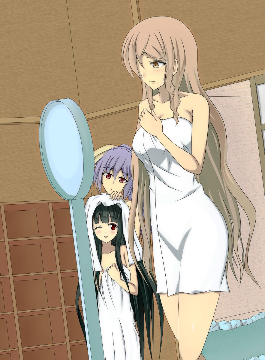 3girls, :o, black_hair, blush, collarbone, doorway, frown, hair_ribbon