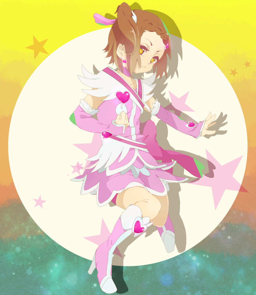1girl, boots, bow, braid, brown_eyes, brown_hair, cosplay, cure_heart