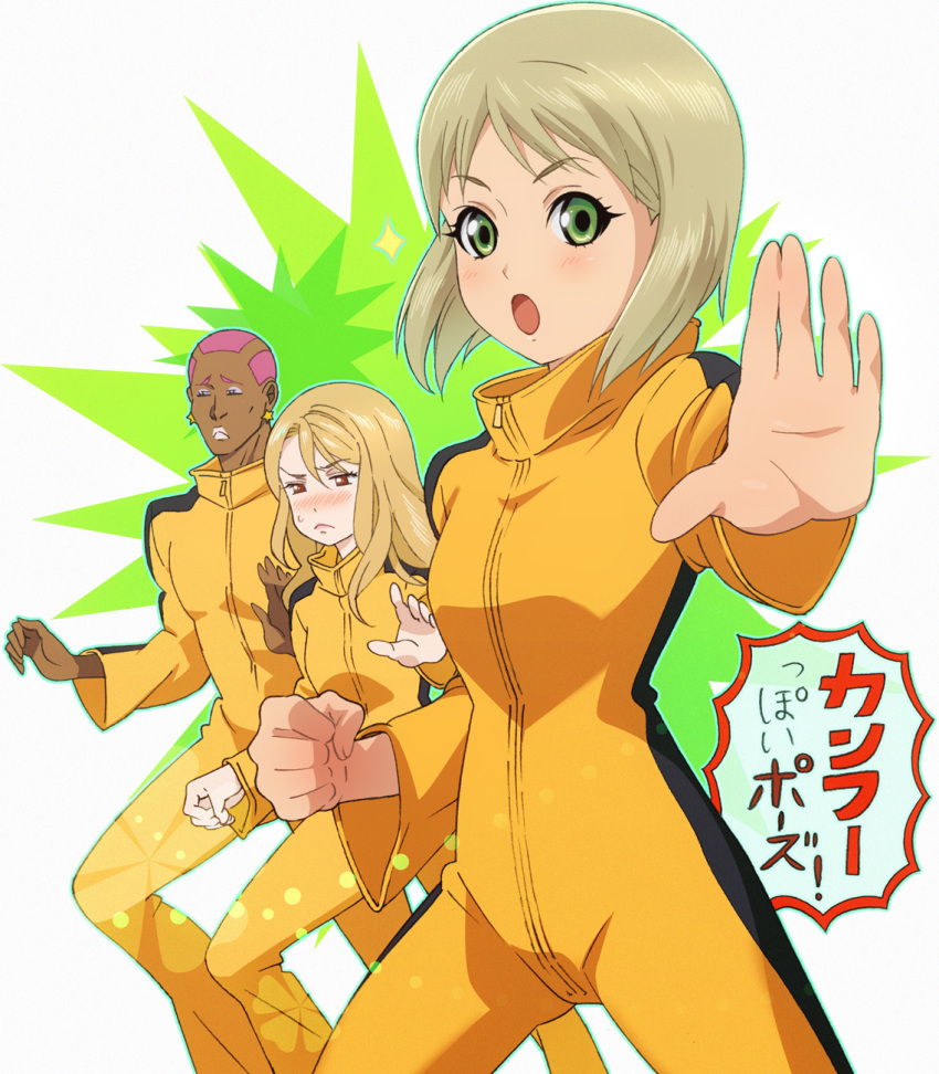1boy, 2girls, blonde_hair, blush, brown_eyes, bruce_lee's_jumpsuit, bruce_lee's_jumpsuit, cosplay, earrings, fighting_stance, green_eyes, huang_baoling, huang_baoling_(cosplay), jewelry, kaisen, karina_lyle, multiple_girls, nathan_seymour, pink_hair, tiger_&amp;_bunny
