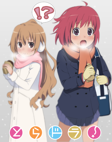 2girls, aisaka_taiga, bad_id, bag, blush, breath, brown_eyes, brown_hair, coat, earmuffs, gloves, kushieda_minori, long_hair, potato, red_eyes, red_hair, redhead, scarf, school_uniform, short_hair, skirt, snow, toradora!, ushisuke, very_long_hair, winter_clothes