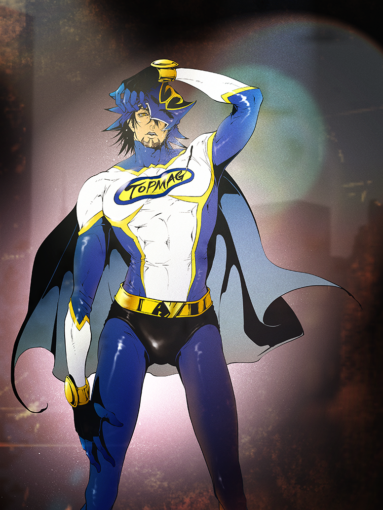 1boy, brown_eyes, brown_hair, facial_hair, kaburagi_t_kotetsu, mask, okamoto_k_munesumi, solo