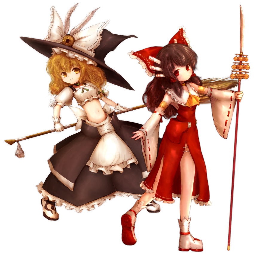 2girls, adapted_costume, amanojaku, apron, armband, ascot, black_hair, blonde_hair