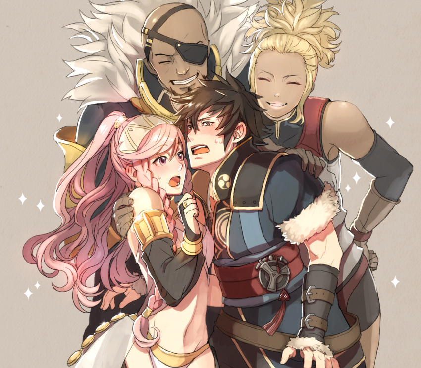 2boys, 2girls, :o, bald, bare_shoulders, basilio, blonde_hair, bridal_gauntlets
