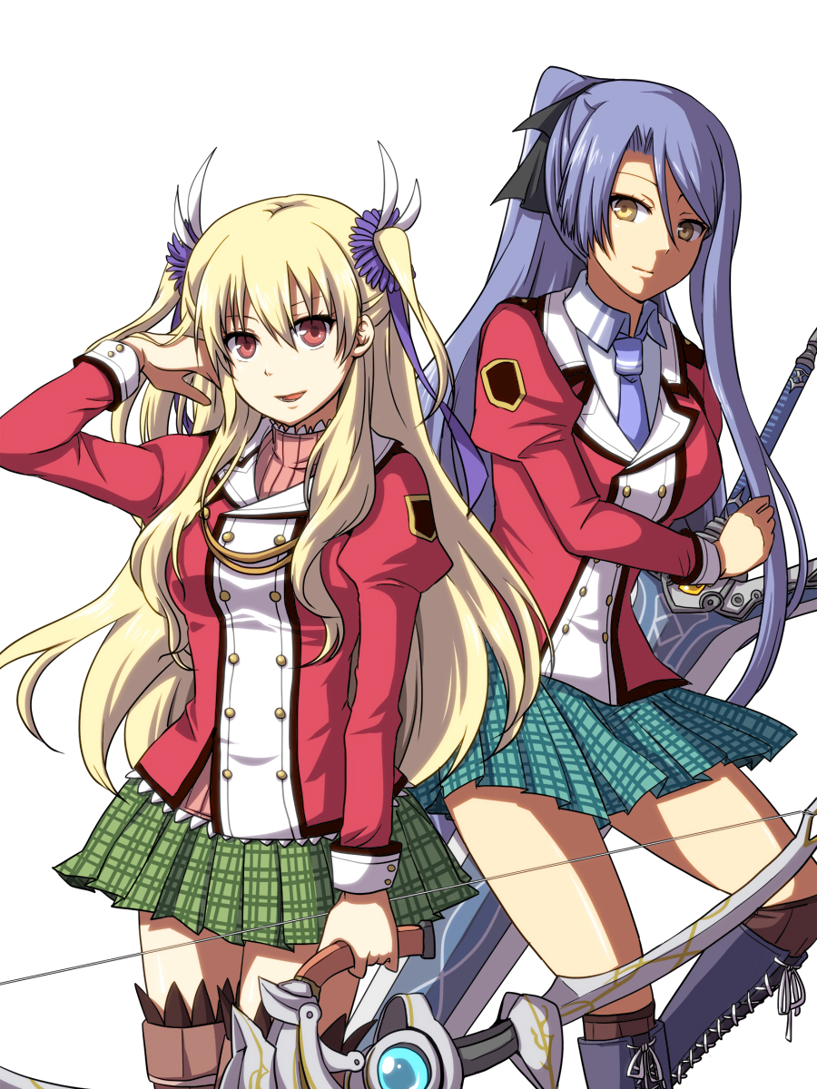 2girls, blonde_hair, boots, bow_(weapon), character_request, eiyuu_densetsu, falcom, juliet_sleeves