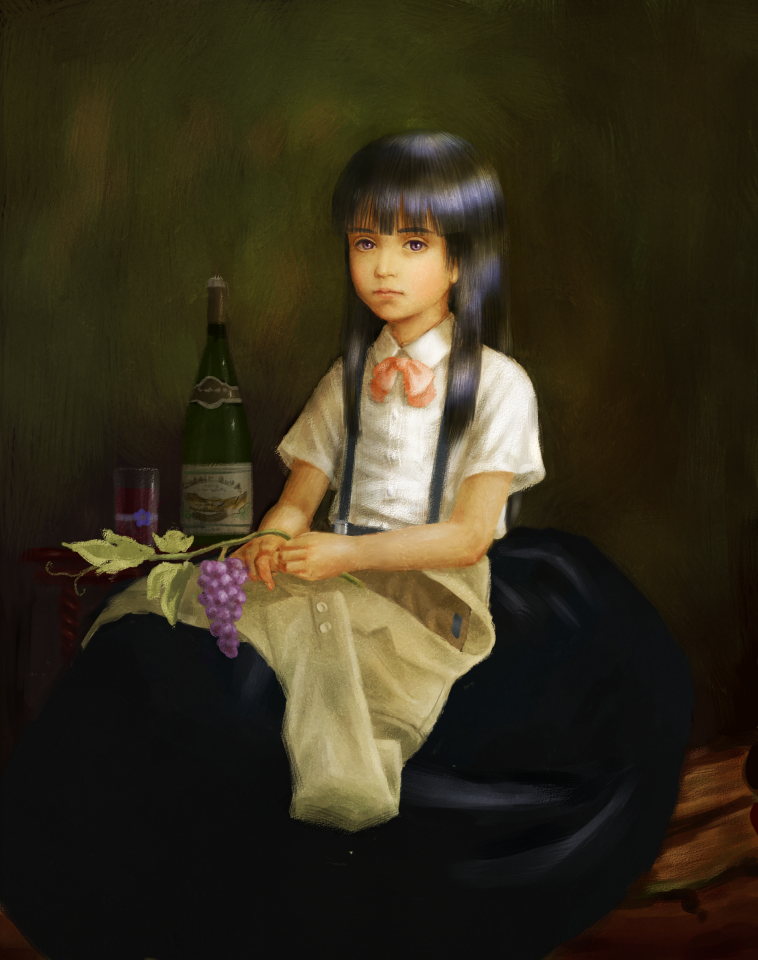 a_souvenir_of_velazquez, blue_hair, bow, child, fine_art_parody, food, fruit, furude_rika