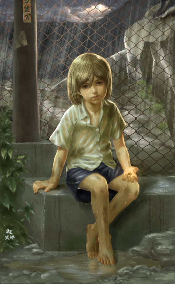 barefoot, blonde_hair, brown_eyes, chainlink_fence, child, coin, dirty, fine_art_parody