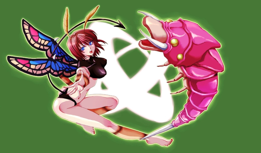 1girl, antennae, barefoot, bikini_bottom, blue_eyes, crop_top, demon_tail, demon_wings, fairy_wings, fingernails, insect, kawo-ri, monster, monster_farm, multiple_eyes, nail_polish, night_flyer_(monster_farm), open_mouth, outstretched_arm, outstretched_hand, red_worm, redhead, symmetry, tail, tongue, tusks, wings