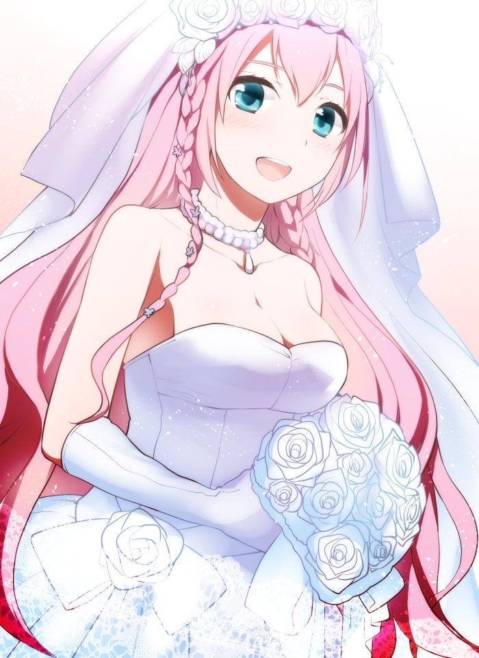 1girl, aqua_eyes, bare_shoulders, bouquet, breasts, cleavage, dress, flower
