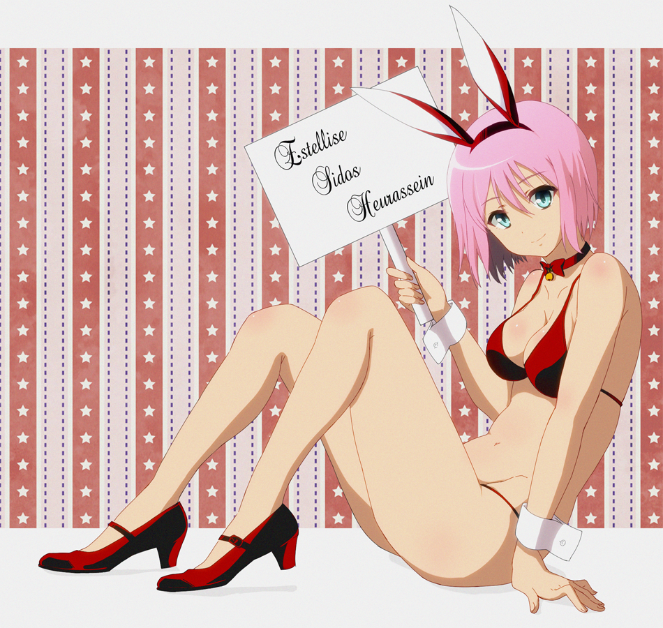 1girl, animal_ears, bikini, choker, estellise_sidos_heurassein, green_eyes, mokkei, pink_hair, placard, rabbit_ears, short_hair, swimsuit, tales_of_(series), tales_of_vesperia, wrist_cuffs