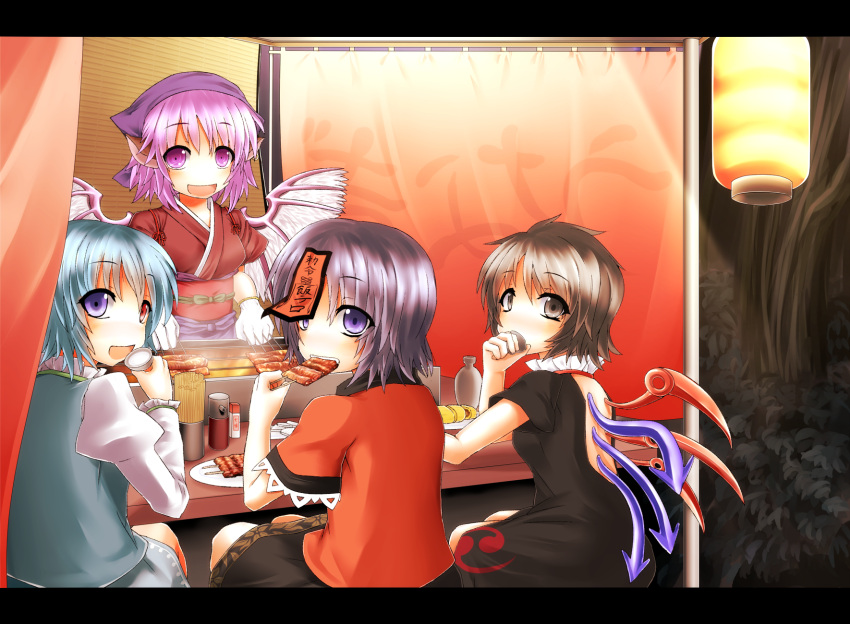 4girls, asymmetrical_wings, backless, bird_wings, black_dress, blinds, blouse, blue_hair