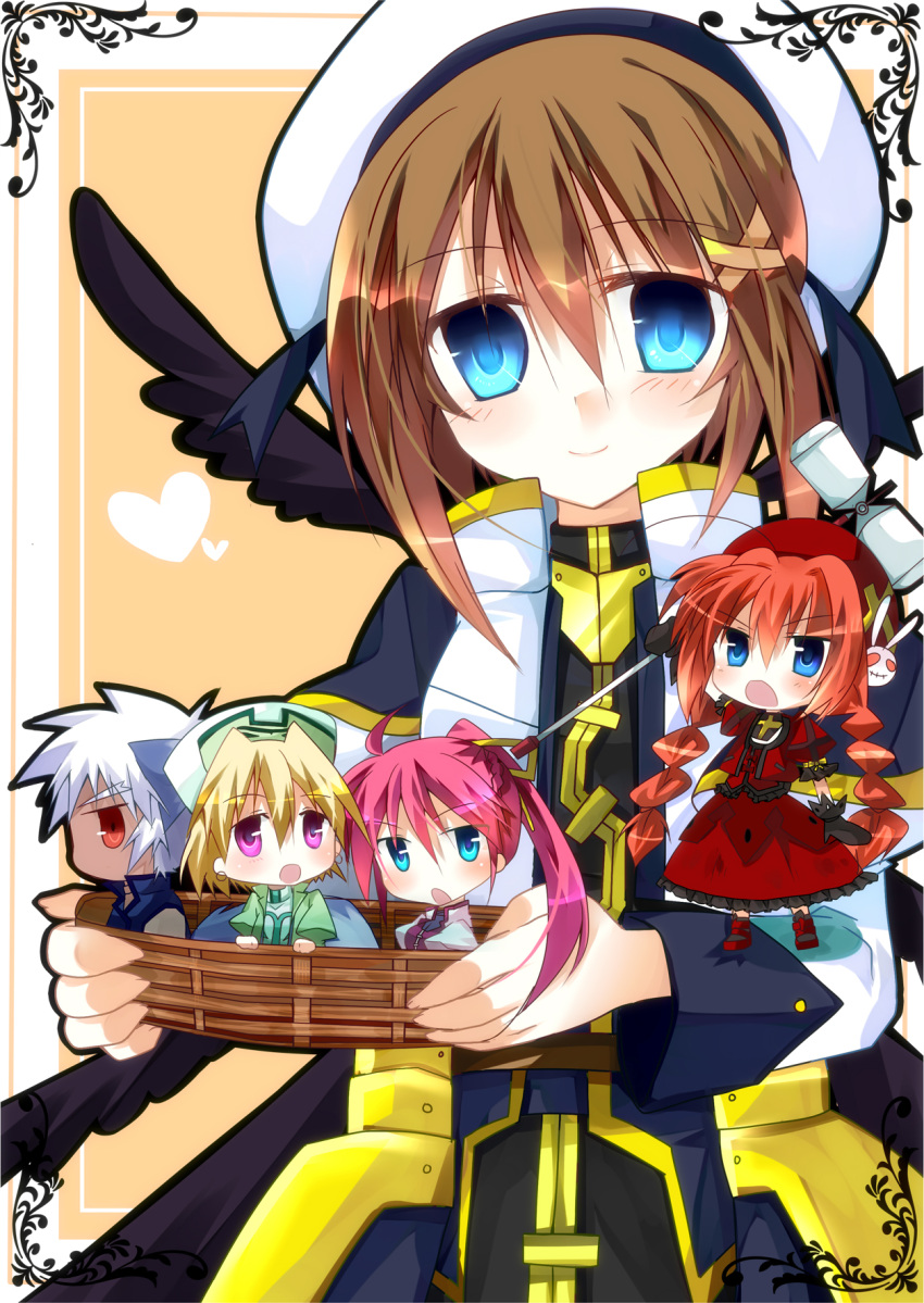 1boy, 4girls, ahoge, animal_ears, basket, black_wings, blonde_hair, blue_eyes