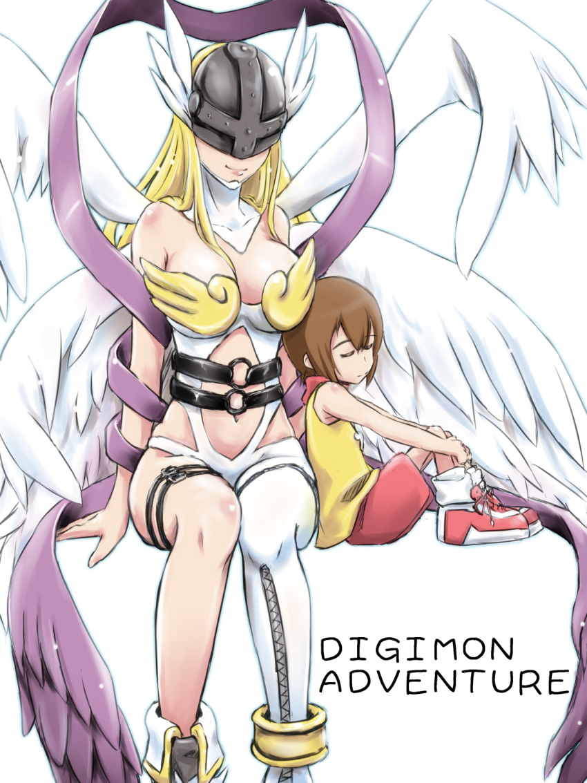 2girls, angel_wings, angewomon, asymmetrical_clothes, blonde_hair, boots, breastplate, breasts
