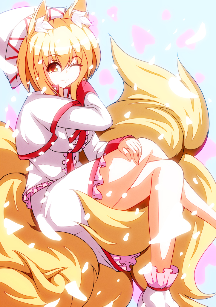 1girl, animal_ears, blonde_hair, breasts, capelet, cherry_blossoms, cosplay, dress