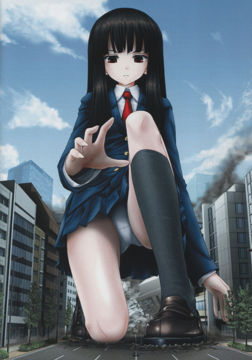 1boy, 1girl, black_hair, black_legwear, blazer, building, clouds, eichikei_(hakuto)