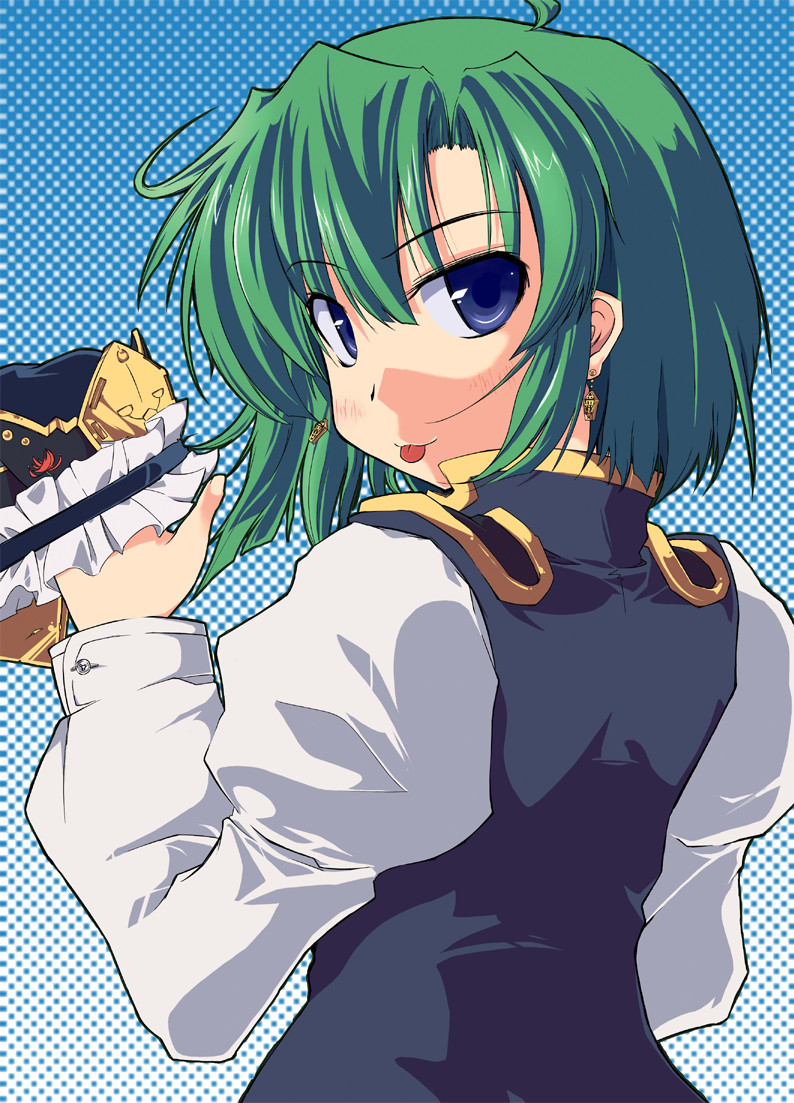 :p, blue_eyes, earrings, from_behind, green_hair, hat, jewelry, looking_back