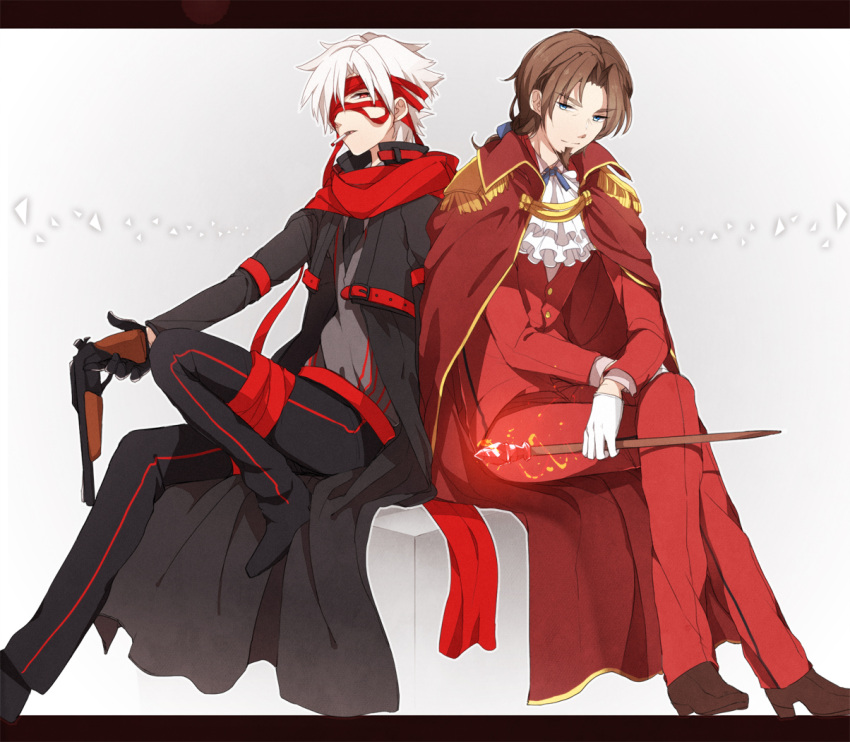 2boys, bandages, belt, blue_eyes, brown_hair, cane, cape, emiya_kiritsugu