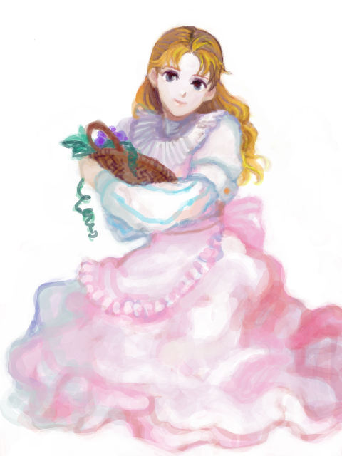 1girl, basket, blonde_hair, blue_eyes, dress, erina_pendleton, food, fruit, grapes, jojo_no_kimyou_na_bouken, long_hair, neoki, solo, tegaki, victorian