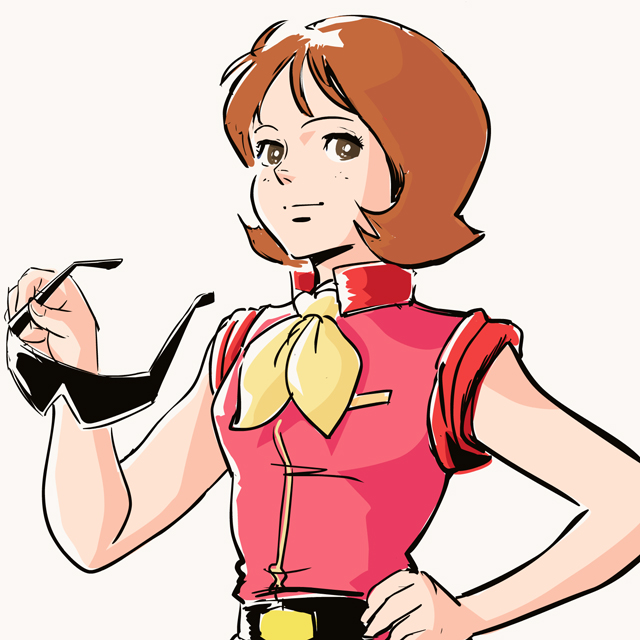 1girl, belt, brown_eyes, brown_hair, frau_bow, gundam, hand_on_hip, nippori_honsha
