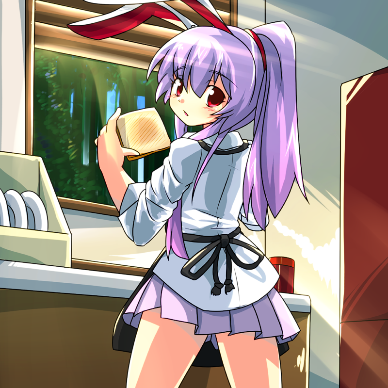 1girl, alternate_hairstyle, animal_ears, apron, long_hair, ponytail, purple_hair, rabbit_ears