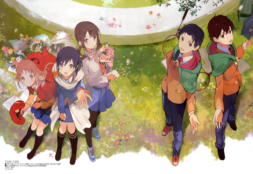 2boys, 3girls, absurdres, badminton_racket, black_hair, brown_eyes, brown_hair, flower