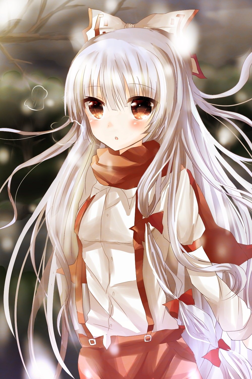 1girl, :o, branch, breath, fujiwara_no_mokou, long_hair, ohitashi, orange_eyes