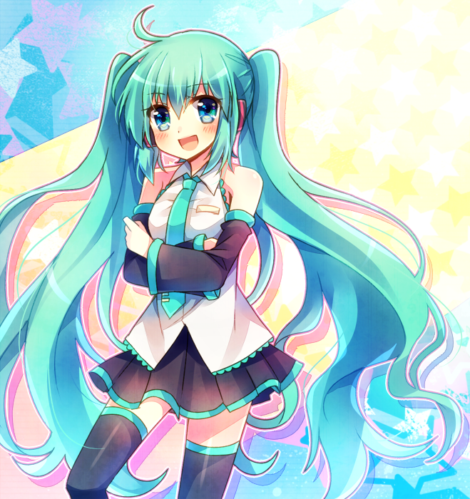 1girl, ahoge, aqua_eyes, crossed_arms, detached_sleeves, green_hair, hatsune_miku, headphones