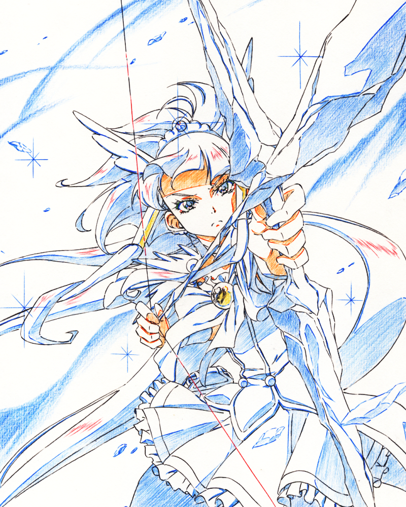 1girl, aoki_reika, arrow, bow_(weapon), colored_pencil_(medium), cure_beauty, foreshortening, gensei-225