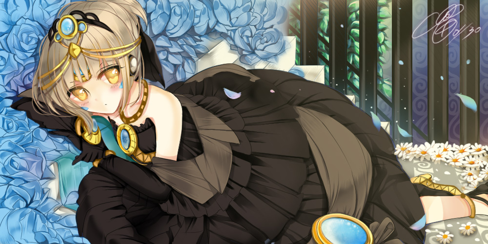 1girl, alternate_hair_color, alternate_hairstyle, black_dress, blue_rose, blush, brown_hair, daisy