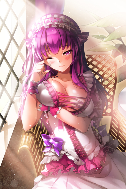 1girl, aile_(crossroads), arm_garter, blush, bow, breast_hold, breast_lift, breasts