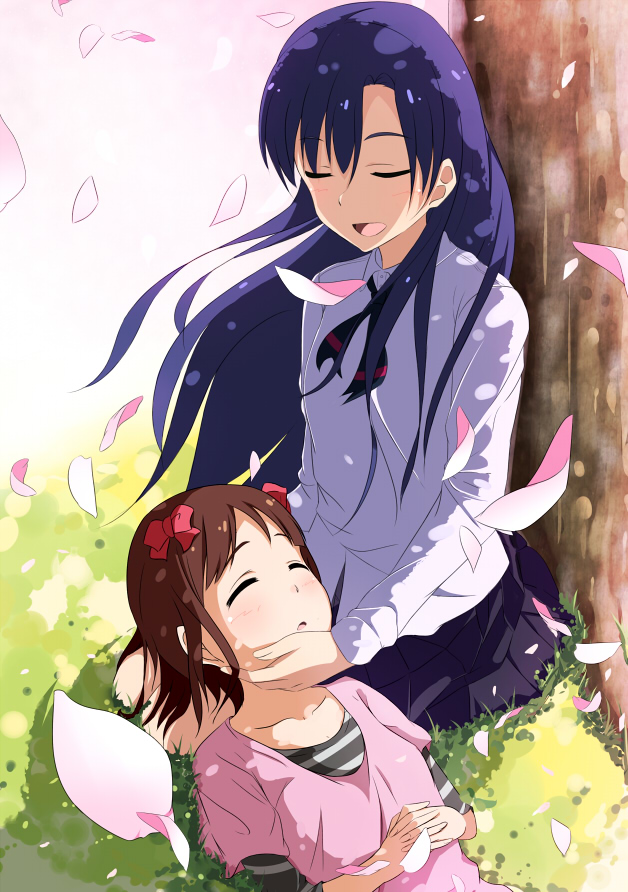 2girls, amami_haruka, blue_hair, blush, brown_hair, closed_eyes, hand_on_another's_face, hitotukinanoka, idolmaster, kisaragi_chihaya, lap_pillow, long_hair, multiple_girls, open_mouth, petals, short_hair, sitting, sleeping, smile, wind