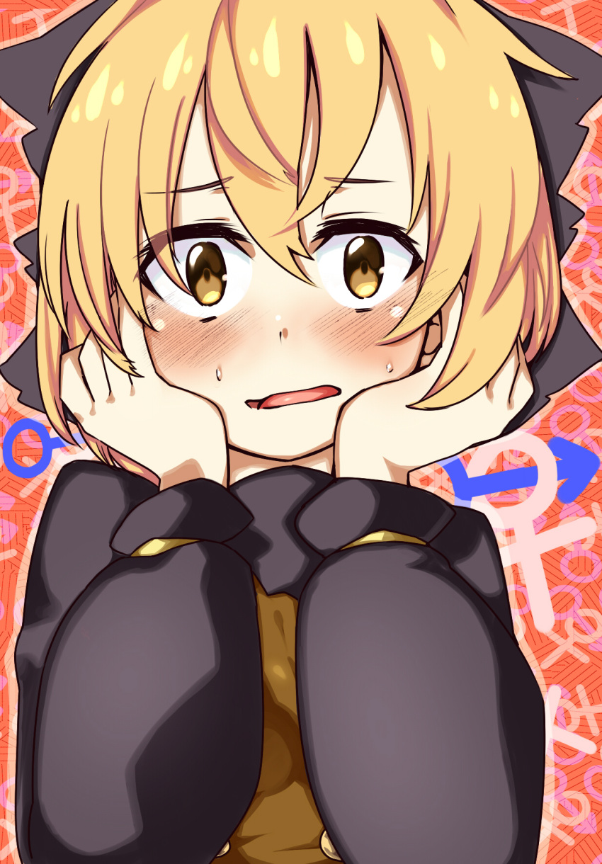 1girl, blonde_hair, blush, bow, brown_eyes, chin_rest, dress, hachi105