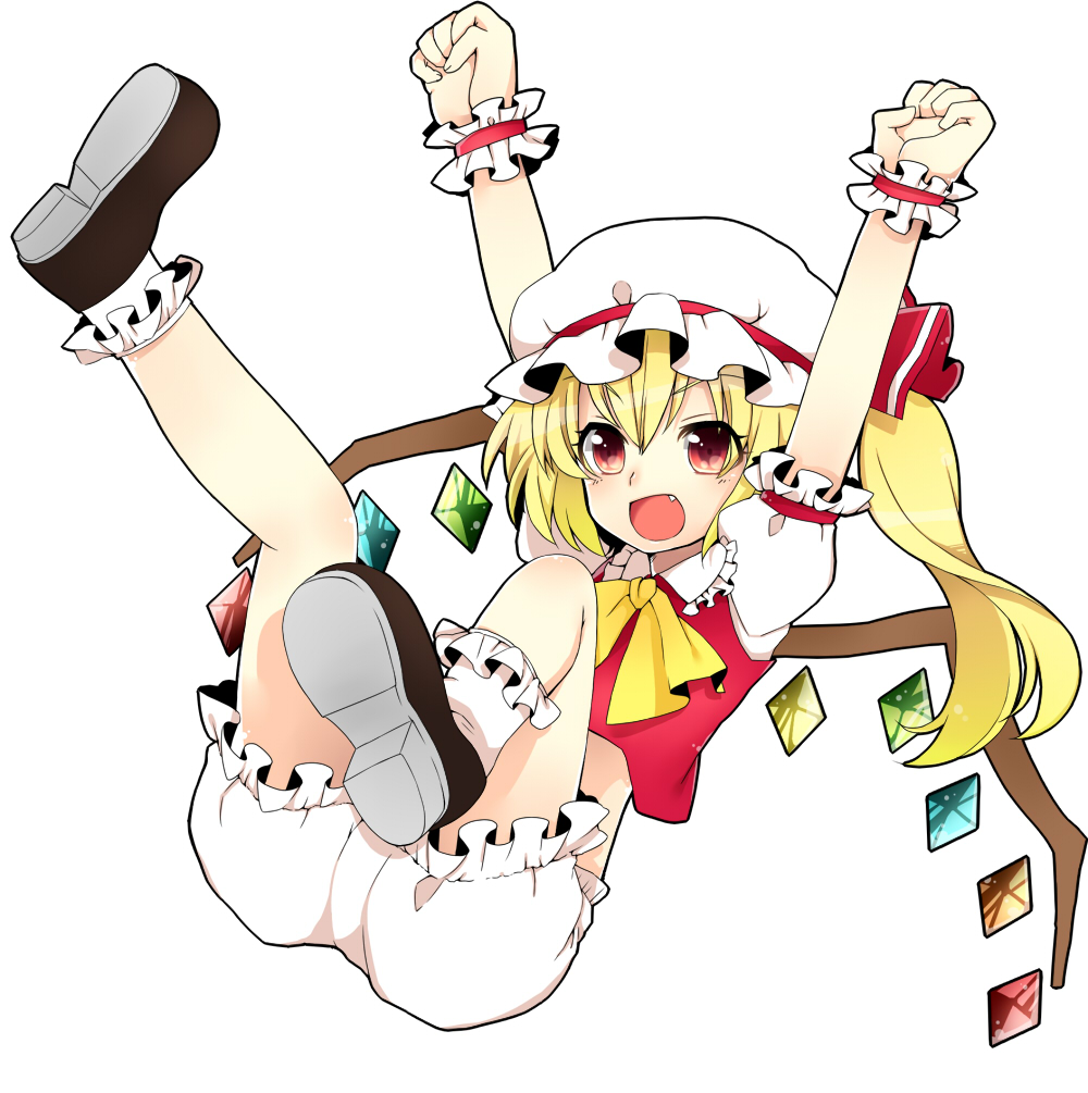 1girl, arms_up, ascot, blonde_hair, bloomers, bobby_socks, fang, flandre_scarlet, hat, hat_ribbon, mari_ayame, no_pants, open_mouth, red_eyes, ribbon, short_hair, side_ponytail, simple_background, smile, socks, solo, touhou, white_background, wings, wrist_cuffs