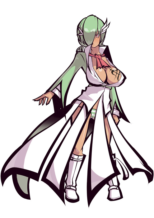 0peko, 1girl, boots, breasts, cleavage, dark_skin, gardevoir, green_hair, hair_over_one_eye, huge_breasts, panties, pokemon, red_eyes, short_hair, solo, striped, striped_panties, tattooed_breast, underwear
