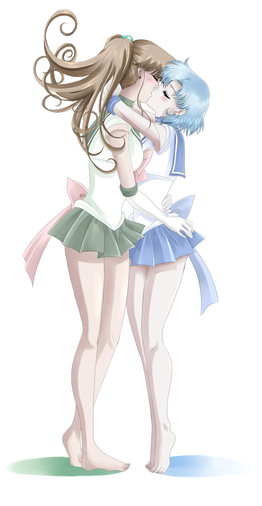 2girls, bangs, bare_legs, barefoot, bishoujo_senshi_sailor_moon, blue_hair, blush, brown_hair