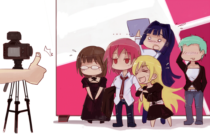 5girls, blonde_hair, blue_hair, blush, breasts, brown_hair, camera, casual
