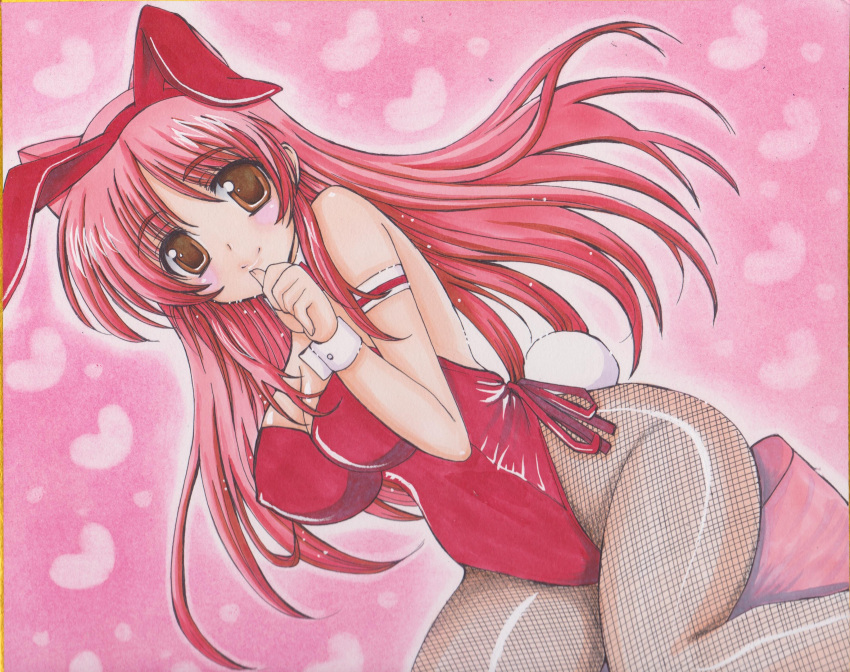 1girl, bare_shoulders, bowtie, breasts, brown_eyes, bunny_girl, bunny_tail, bunnysuit