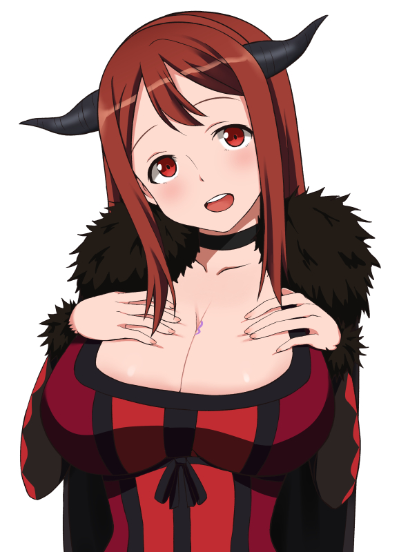 1girl, argyle, breasts, choker, cleavage, gagajya, horns, huge_breasts, long_hair, maou_(maoyuu), maoyuu_maou_yuusha, open_mouth, red_eyes, redhead, simple_background, solo, tattoo, white_background
