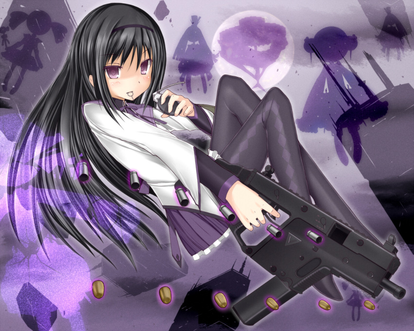 1girl, akemi_homura, argyle, argyle_legwear, black_hair, black_legwear, blush, bullet
