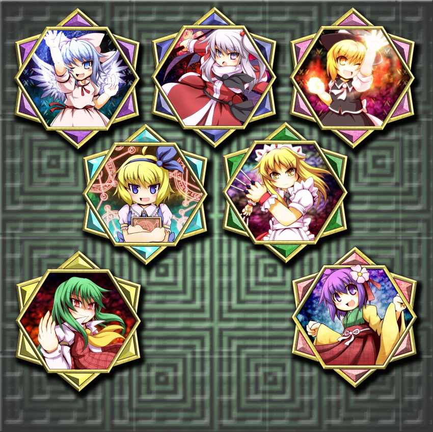 6+girls, alice_margatroid, alice_margatroid_(pc-98), ascot, blonde_hair, blue_eyes, blue_hair, blush