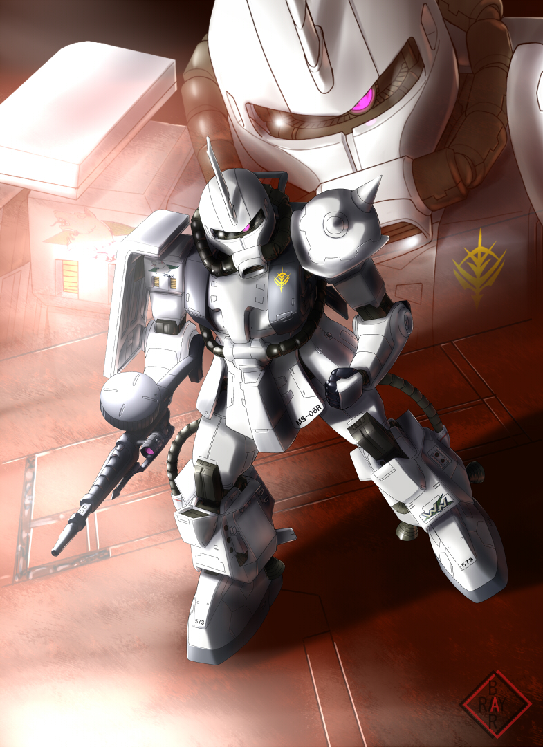 gun, gundam, machine_gun, raybar, shin_matsunaga, space, space_craft, weapon, zaku_ii, zaku_ii_s_shin_matsunaga_custom, zeon