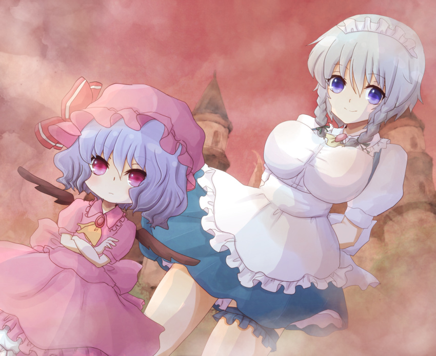 2girls, apron, blue_eyes, blue_hair, blush, braid, breasts, brooch