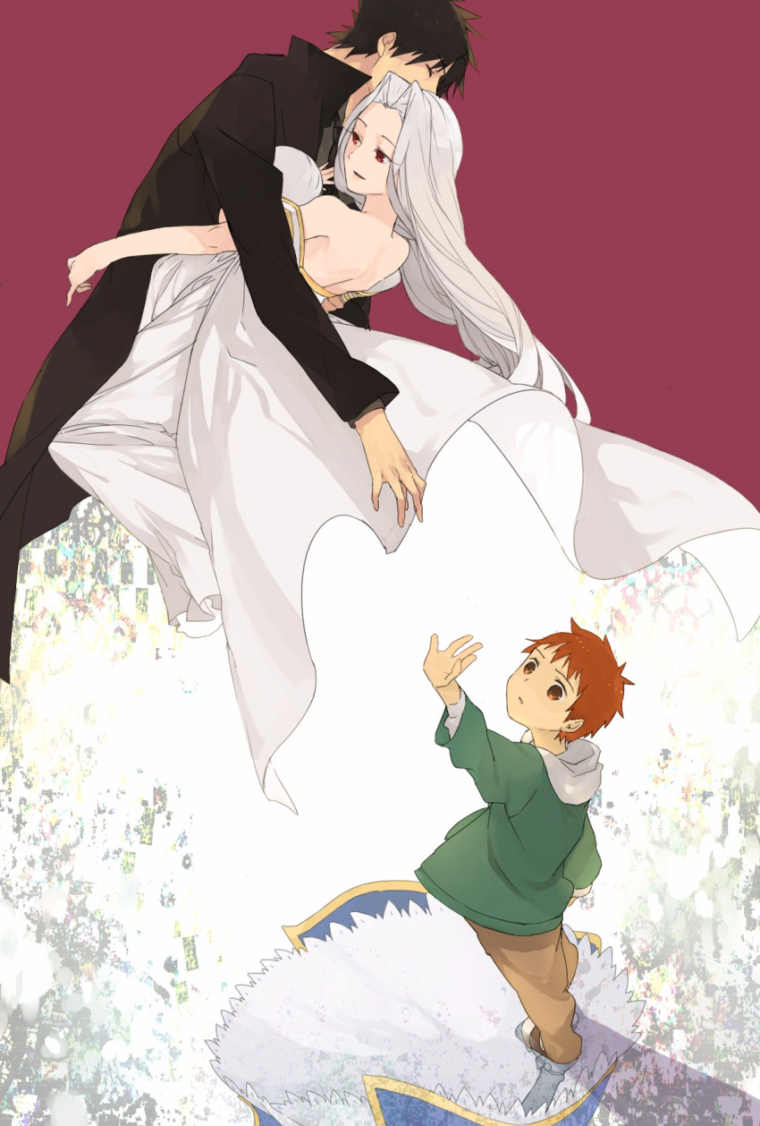 1girl, 2boys, black_hair, brown_eyes, child, couple, dress, emiya_kiritsugu, emiya_shirou, fate/zero, fate_(series), hoodie, husband_and_wife, irisviel_von_einzbern, kittyon03, long_hair, multiple_boys, red_eyes, redhead, saber, white_hair, young
