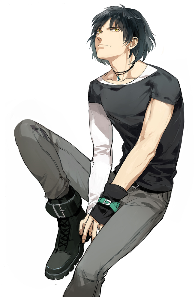 1boy, black_hair, dramatical_murder, fingerless_gloves, gloves, jewelry, necklace, ren_(dramatical_murder)