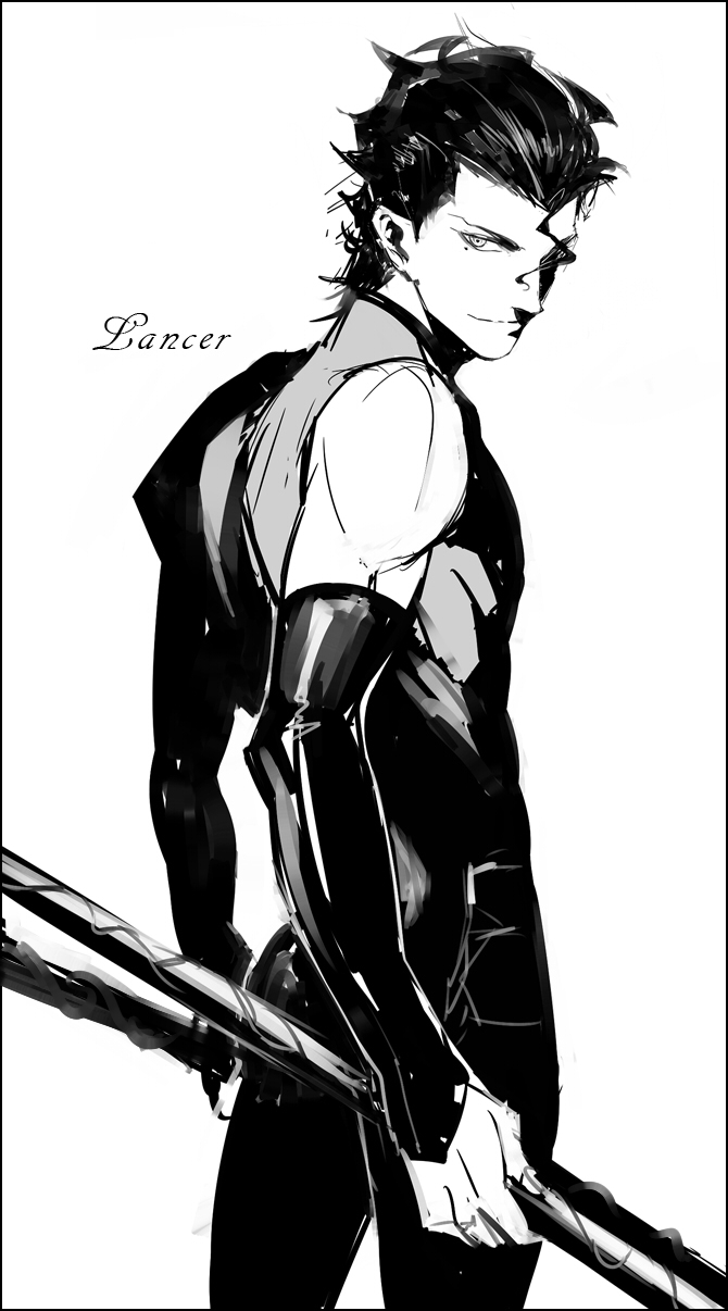 1boy, ahoge, fate/zero, fate_(series), greyscale, lancer_(fate/zero), mole, monochrome